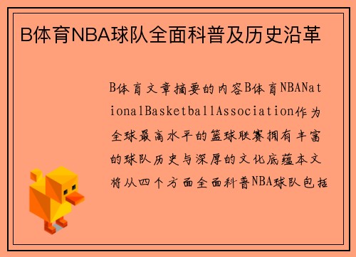 B体育NBA球队全面科普及历史沿革