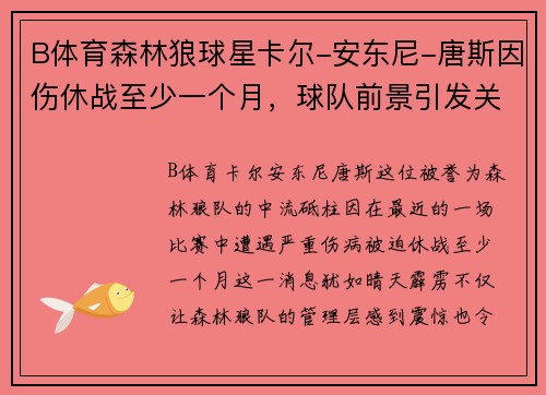 B体育森林狼球星卡尔-安东尼-唐斯因伤休战至少一个月，球队前景引发关注