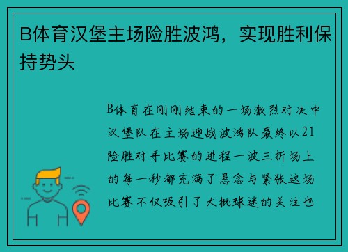 B体育汉堡主场险胜波鸿，实现胜利保持势头