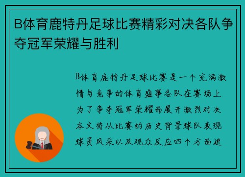 B体育鹿特丹足球比赛精彩对决各队争夺冠军荣耀与胜利